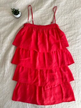 Coral Tiered Ruffle Dress Summer Sundress Flowy Midi Size XS